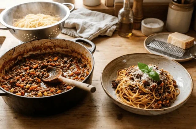 Spaghetti bolognaise maison : sauteuse de sauce bolognaise mijotée et assiette de spaghetti au parmesan et basilic