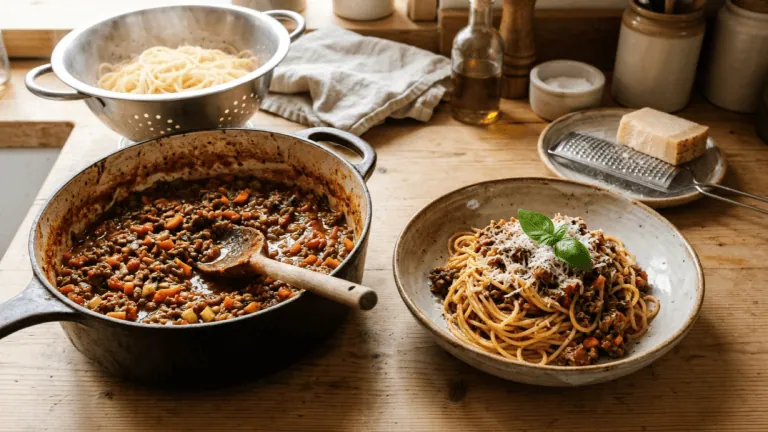 Spaghetti bolognaise maison : sauteuse de sauce bolognaise mijotée et assiette de spaghetti au parmesan et basilic