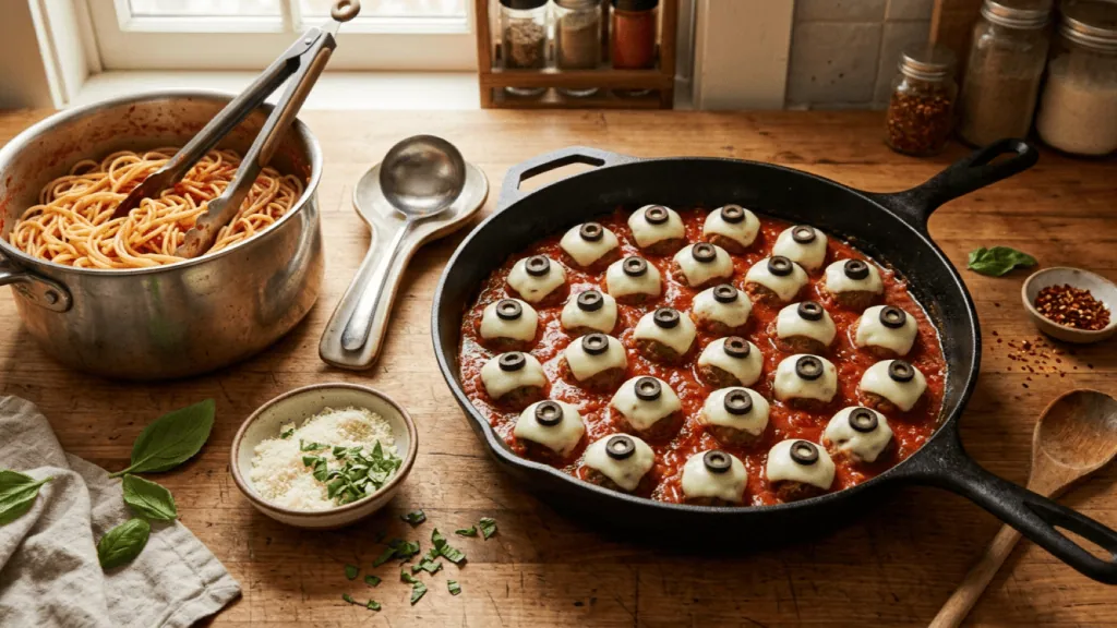 Sauteuse de boulettes yeux de monstre en sauce tomate prêtes à servir, spaghetti égouttés et pince à côté