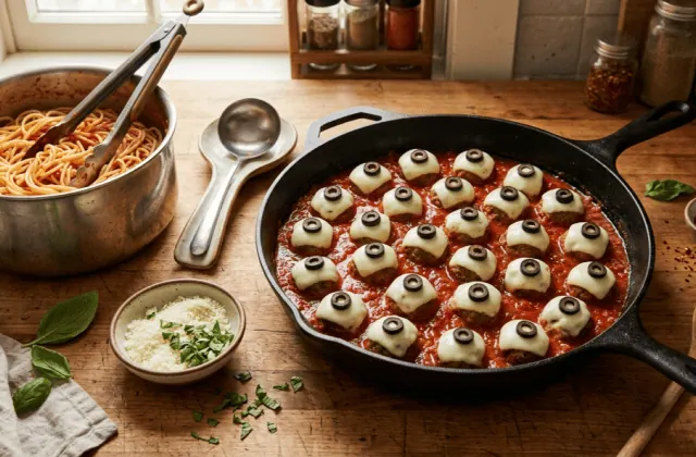 Sauteuse de boulettes yeux de monstre en sauce tomate prêtes à servir, spaghetti égouttés et pince à côté