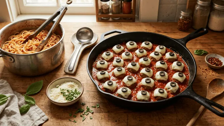 Sauteuse de boulettes yeux de monstre en sauce tomate prêtes à servir, spaghetti égouttés et pince à côté