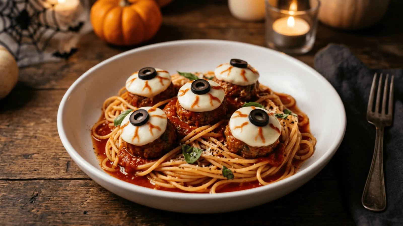 Spaghetti yeux de monstre : boulettes de bœuf en sauce tomate coiffées d’un œil en mozzarella et olive noire, sur un nid de spaghetti