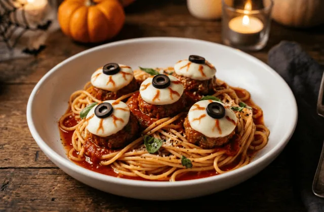 Spaghetti yeux de monstre : boulettes de bœuf en sauce tomate coiffées d’un œil en mozzarella et olive noire, sur un nid de spaghetti