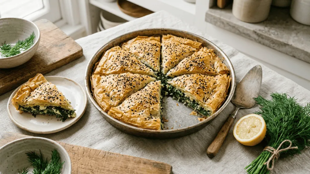 Spanakopita maison aux épinards et à la feta coupée en parts, avec aneth frais et citron