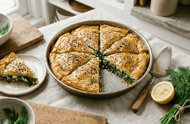 Spanakopita maison aux épinards et à la feta coupée en parts, avec aneth frais et citron