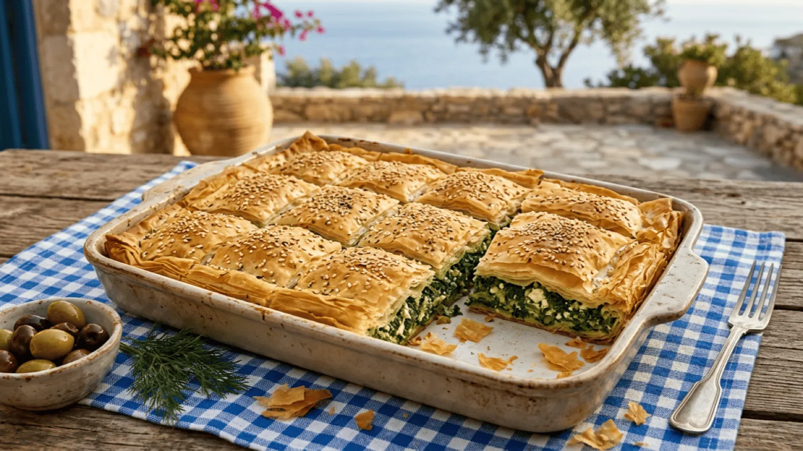 Spanakopita dorée en plat, prédécoupée en carrés, une part ouverte sur la farce d’épinards et de feta, sur une table de taverne face à la mer