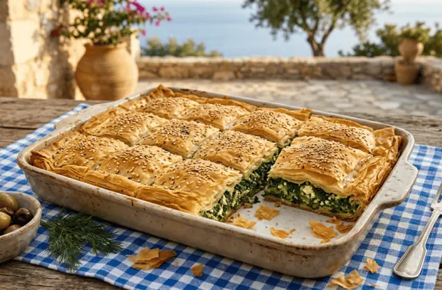 Spanakopita dorée en plat, prédécoupée en carrés, une part ouverte sur la farce d’épinards et de feta, sur une table de taverne face à la mer