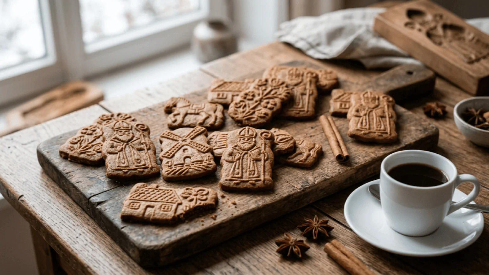 Speculoos maison moulés en forme de saint Nicolas, de moulin et de maison, avec un café et des épices
