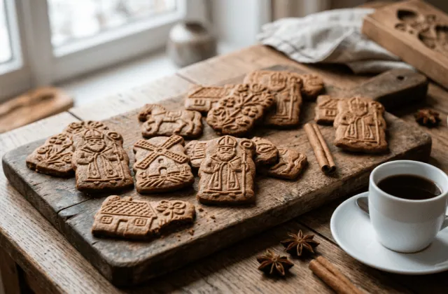 Speculoos maison moulés en forme de saint Nicolas, de moulin et de maison, avec un café et des épices