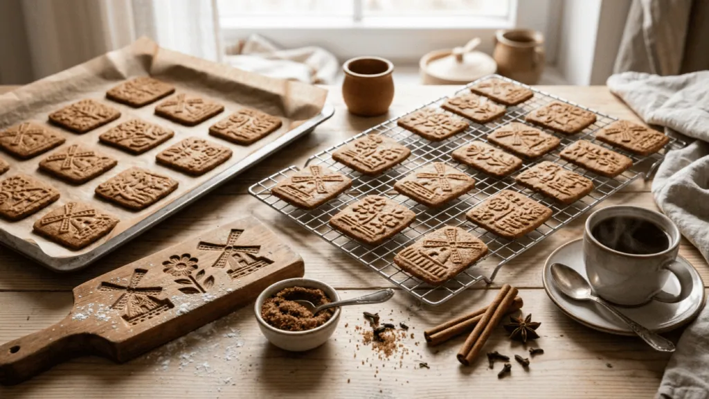 Speculoos maison aux motifs de moulins et de fleurs sur plaque et grille, moule en bois sculpté, épices et café