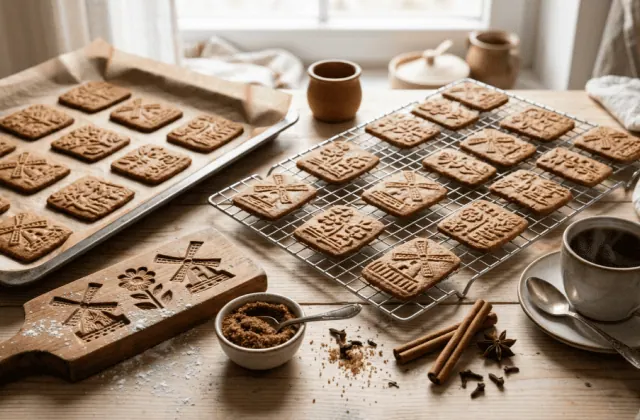 Speculoos maison aux motifs de moulins et de fleurs sur plaque et grille, moule en bois sculpté, épices et café