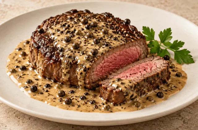 Steak de bœuf saignant nappé de sauce crémeuse au poivre