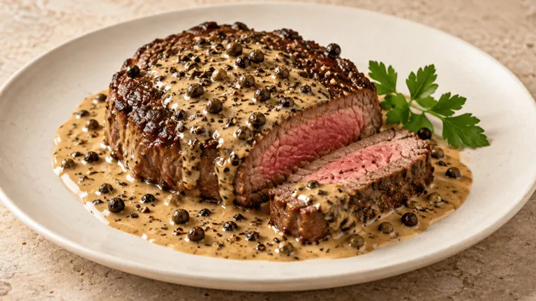 Steak de bœuf saignant nappé de sauce crémeuse au poivre