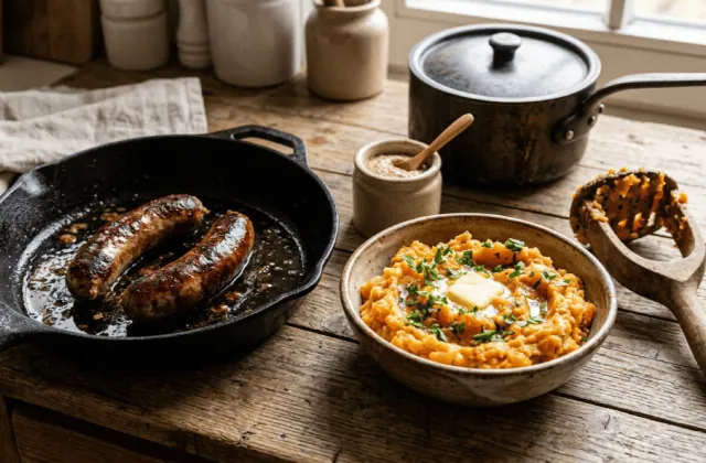 Stoemp aux carottes et saucisse : saucisses dorées à la poêle et écrasée de pommes de terre et carottes au beurre