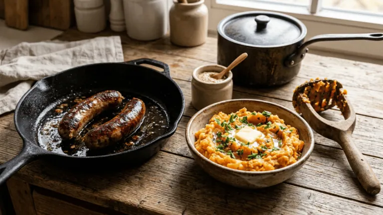 Stoemp aux carottes et saucisse : saucisses dorées à la poêle et écrasée de pommes de terre et carottes au beurre