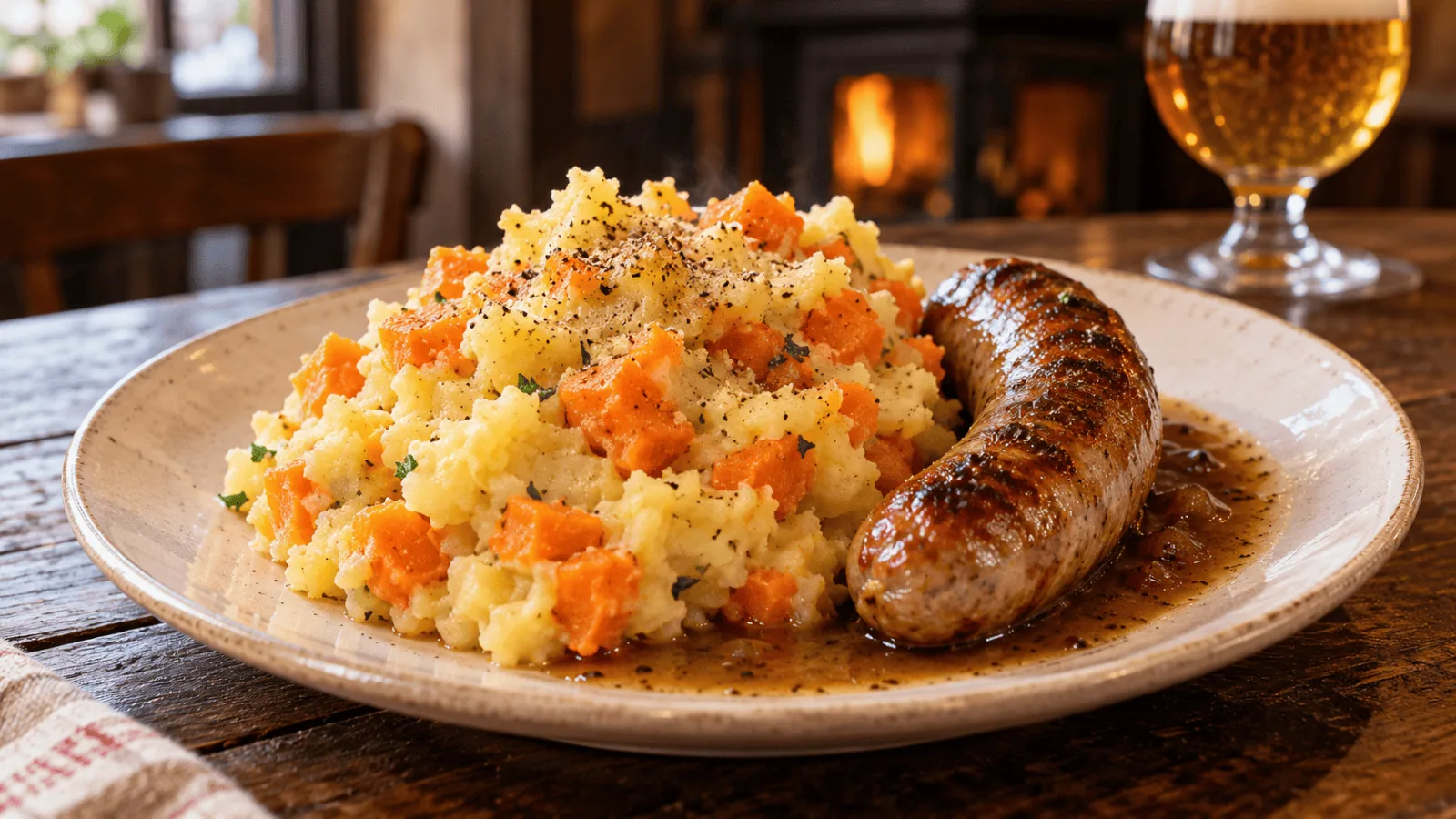 Stoemp bruxellois rustique aux carottes servi avec une saucisse dorée et son jus