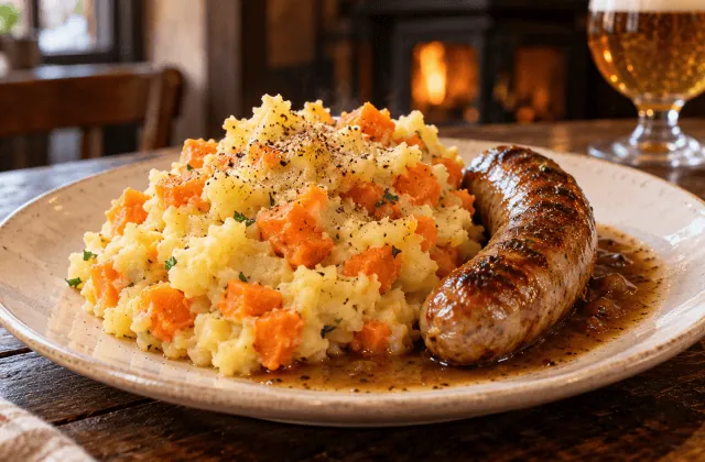 Stoemp bruxellois rustique aux carottes servi avec une saucisse dorée et son jus
