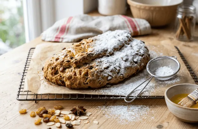 Stollen de Noël maison sortant du four, beurré puis couvert de sucre glace sur une grille