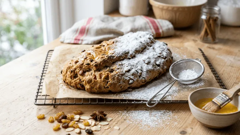 Stollen de Noël maison sortant du four, beurré puis couvert de sucre glace sur une grille