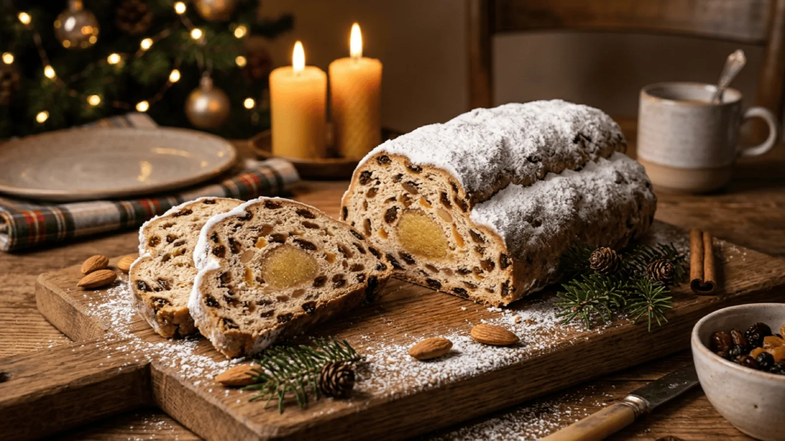 Stollen de Noël saupoudré de sucre glace, tranches montrant raisins, écorces confites, amandes et cœur de pâte d’amande