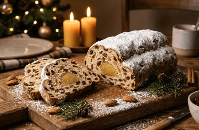 Stollen de Noël saupoudré de sucre glace, tranches montrant raisins, écorces confites, amandes et cœur de pâte d’amande
