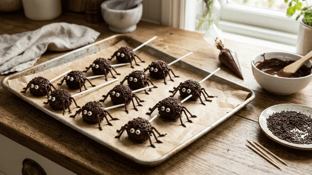 Sucettes araignées posées sur leurs pattes en chocolat pipées sur papier cuisson, cornet de chocolat fondu à côté