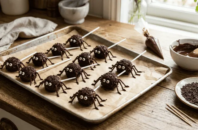 Sucettes araignées posées sur leurs pattes en chocolat pipées sur papier cuisson, cornet de chocolat fondu à côté