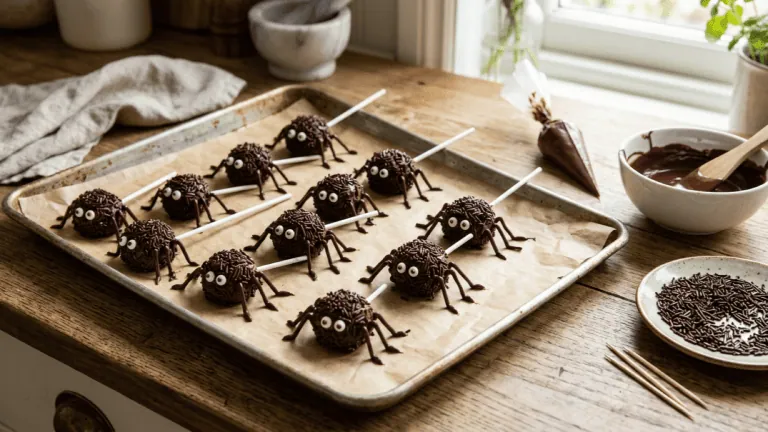 Sucettes araignées posées sur leurs pattes en chocolat pipées sur papier cuisson, cornet de chocolat fondu à côté