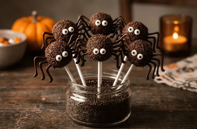 Sucettes araignées au chocolat plantées dans un bocal de vermicelles : corps poilu en vermicelles, pattes en chocolat et yeux en sucre