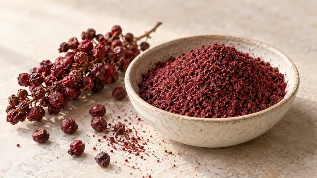 Sumac rouge moulu avec baies séchées dans un bol en grès