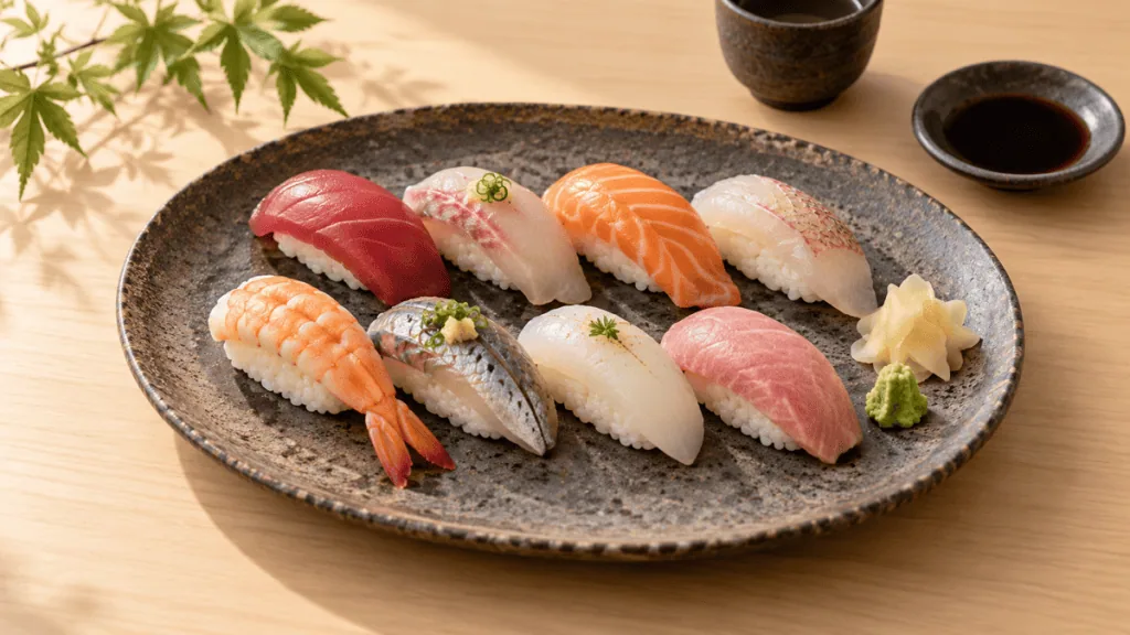 Assortiment de sushi nigiri au saumon, thon, daurade et crevette