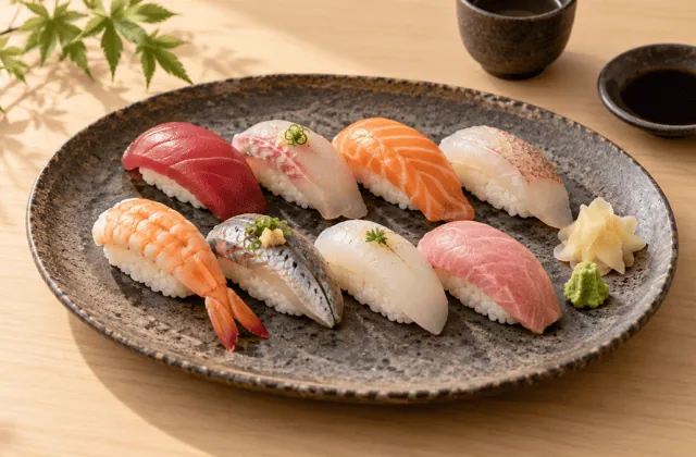 Assortiment de sushi nigiri au saumon, thon, daurade et crevette