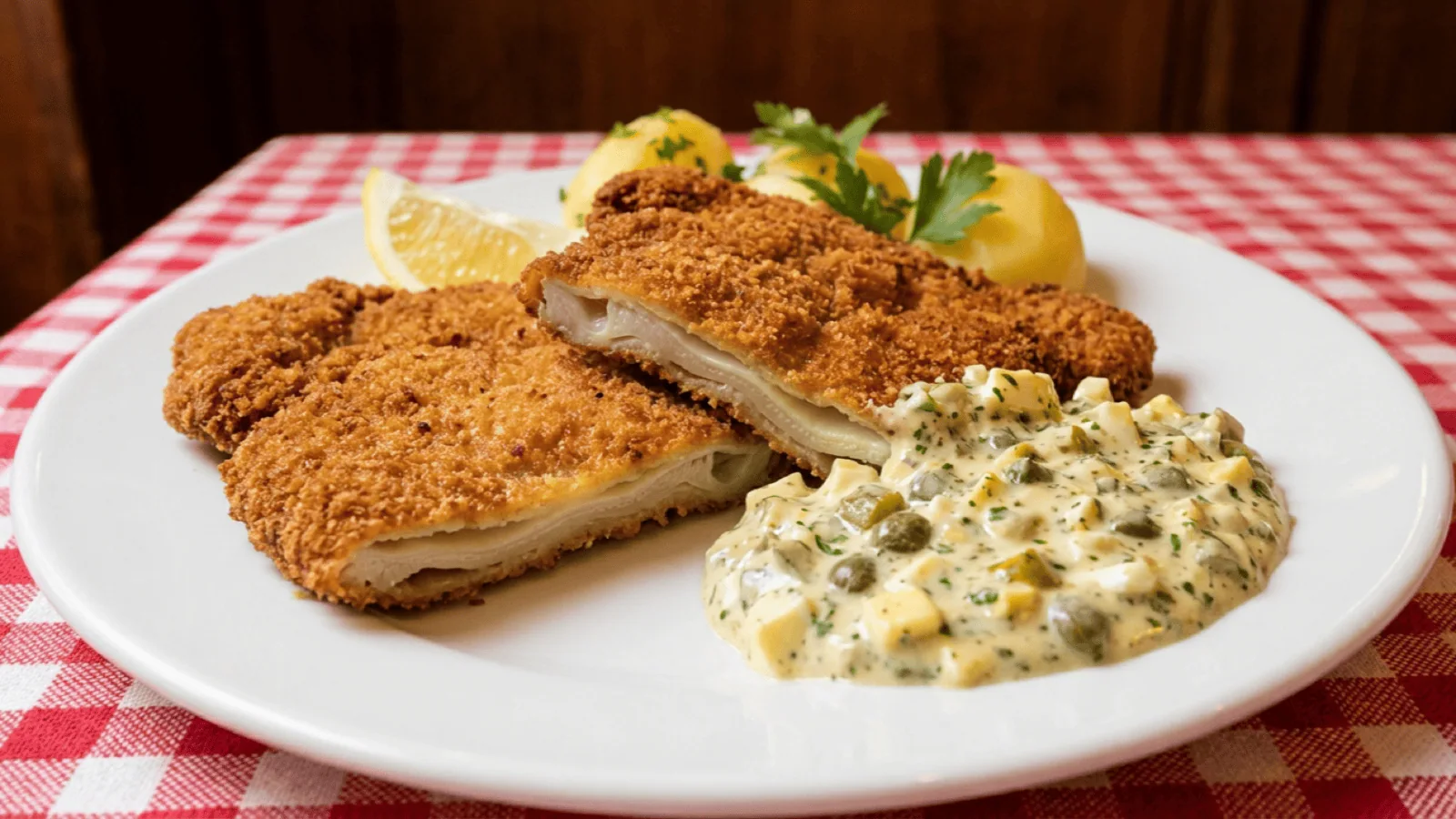 Tablier de sapeur pané et doré, sauce gribiche, pommes vapeur et citron sur une nappe à carreaux de bouchon lyonnais