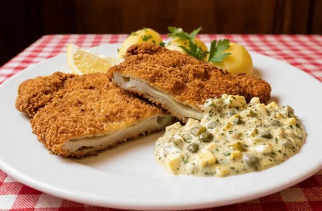 Tablier de sapeur pané et doré, sauce gribiche, pommes vapeur et citron sur une nappe à carreaux de bouchon lyonnais