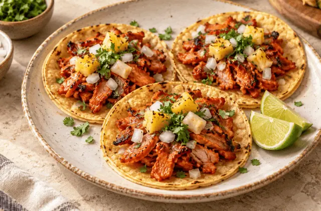 Tacos al pastor au porc mariné, ananas, oignon et coriandre