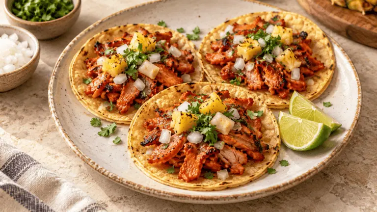 Tacos al pastor au porc mariné, ananas, oignon et coriandre