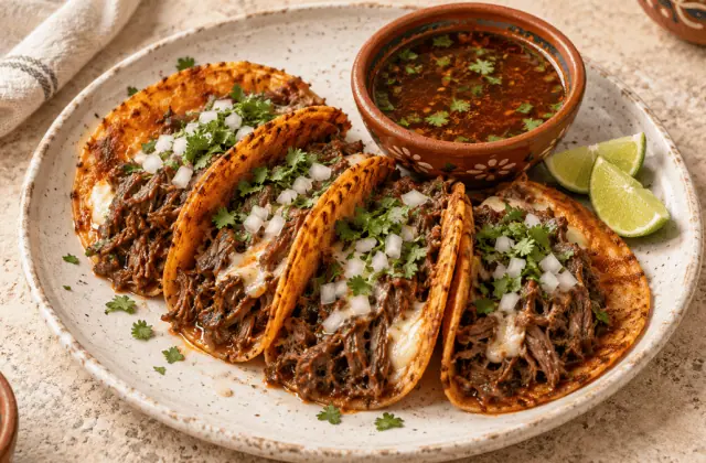 Tacos de birria de bœuf avec consommé, oignon et coriandre
