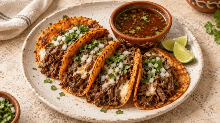 Tacos de birria de bœuf avec consommé, oignon et coriandre