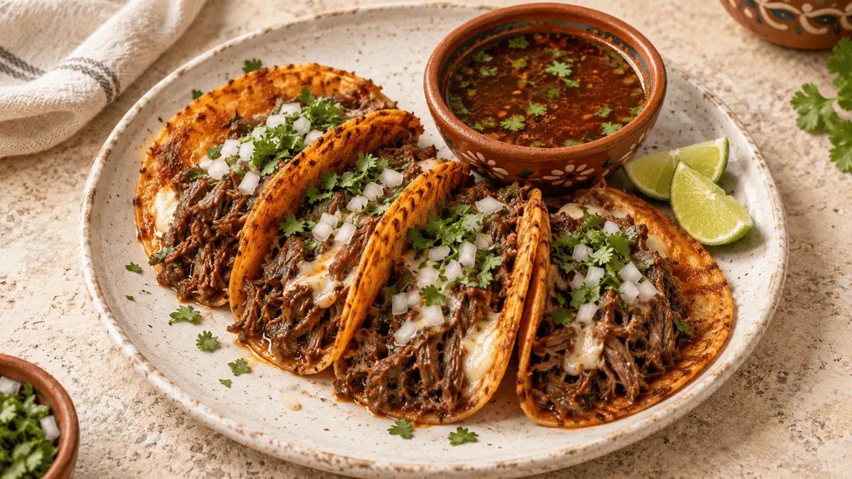 Tacos de birria de bœuf avec consommé, oignon et coriandre