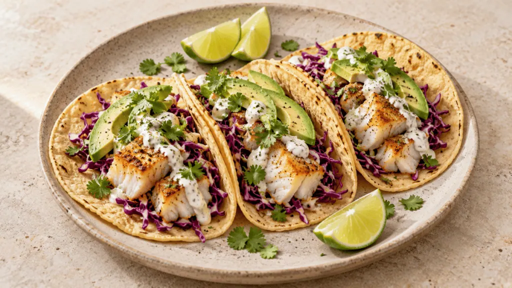 Tacos de poisson blanc poêlé avec chou rouge, avocat, coriandre et citron vert
