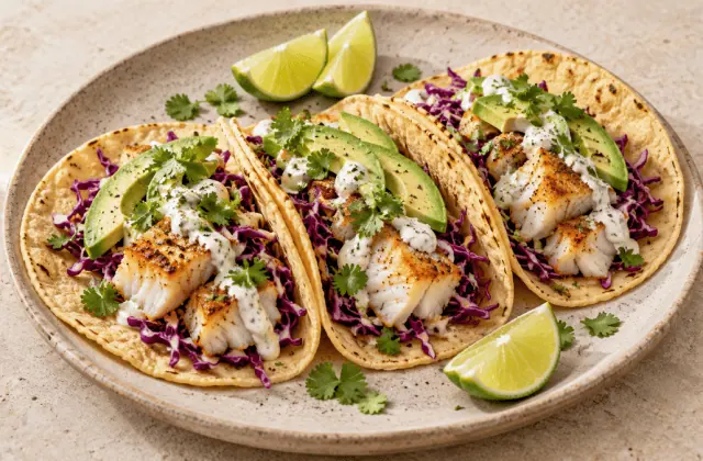 Tacos de poisson blanc poêlé avec chou rouge, avocat, coriandre et citron vert