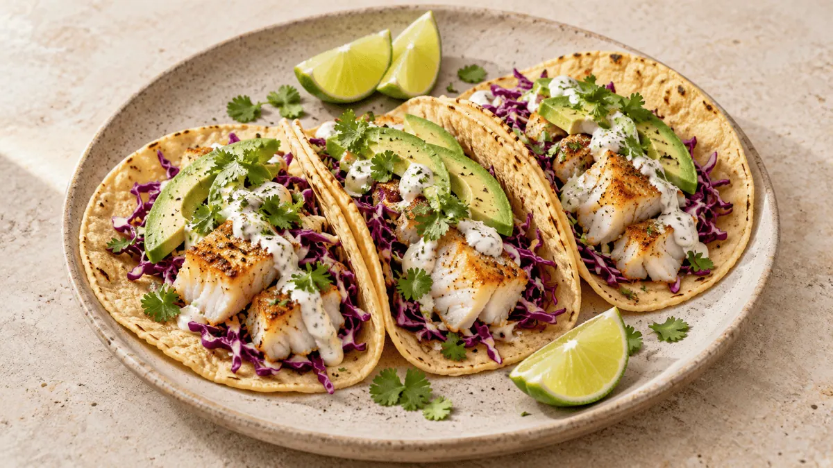 Tacos de poisson blanc poêlé avec chou rouge, avocat, coriandre et citron vert