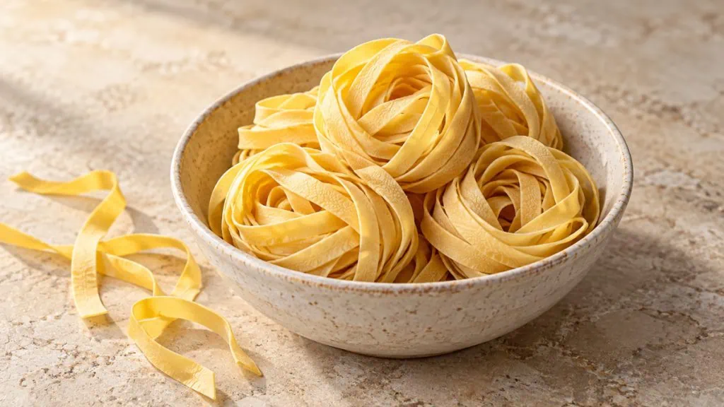 Nids de tagliatelles sèches dans un bol en grès