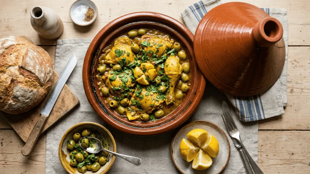 Tajine de poulet maison aux citrons confits et olives vertes dans sa terre cuite, avec pain et citron