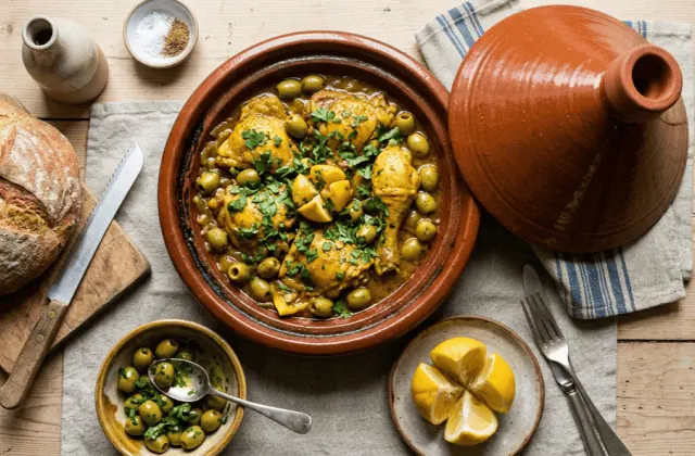 Tajine de poulet maison aux citrons confits et olives vertes dans sa terre cuite, avec pain et citron