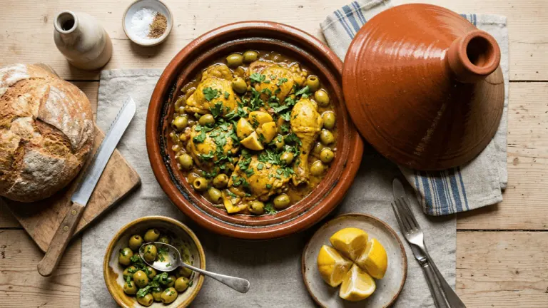 Tajine de poulet maison aux citrons confits et olives vertes dans sa terre cuite, avec pain et citron
