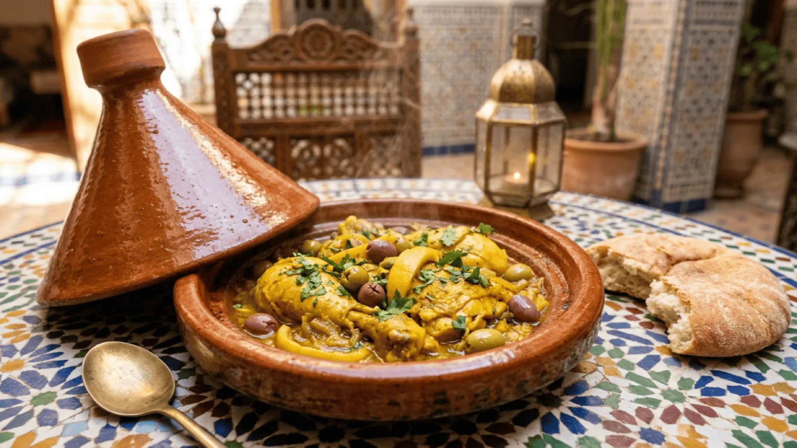 Tajine de poulet aux citrons confits et olives dans son plat en terre cuite, couvercle conique posé à côté, dans un riad aux zelliges