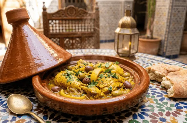 Tajine de poulet aux citrons confits et olives dans son plat en terre cuite, couvercle conique posé à côté, dans un riad aux zelliges