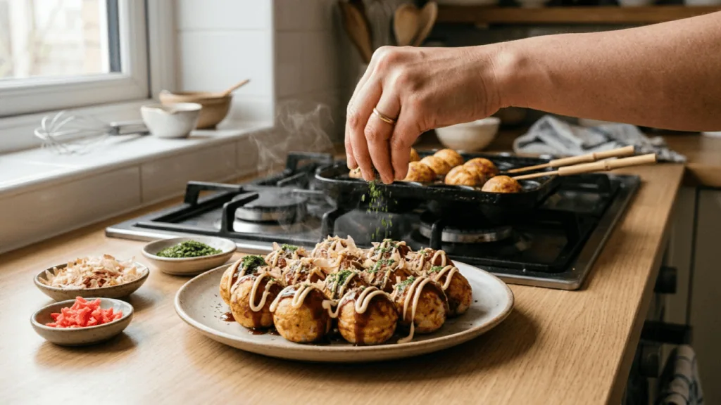 Takoyaki maison saupoudrés d’aonori à la sortie de la plaque