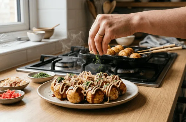 Takoyaki maison saupoudrés d’aonori à la sortie de la plaque
